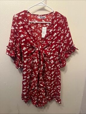 Cupshe Red & White Floral Tie-Front Mini Dress